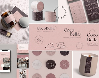 Candle Branding Kit Canva Editable, Feminine Luxury Candle Brand Templates, Boutique Candle Packaging & Logo Kit