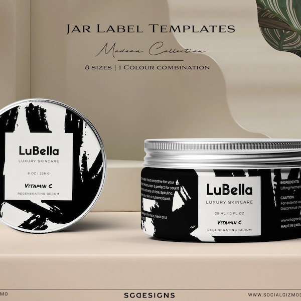 DIY Wrap Around Skincare Label Templates, Modern Editable Skincare Jar Labels , Black Product Jar Label Template, Luxury Jar Label Template