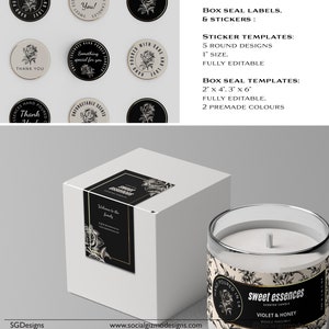 May include: A set of black and white candle labels with a floral design. The labels are for a candle company called "Sweet Essences" and feature the text "Violet & Honey" and "Scented Candle".