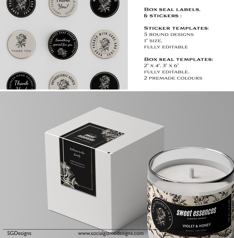 May include: A set of black and white candle labels with a floral design. The labels are for a candle company called "Sweet Essences" and feature the text "Violet & Honey" and "Scented Candle".