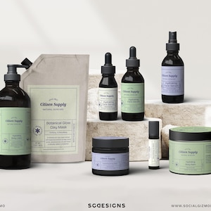 Modern retro skincare label template bundle displayed on dropper bottles in soft sage and lavender tones, cosmetic packaging design for serums, editable Canva labels for beauty brands