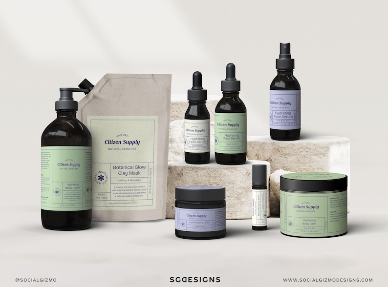 Modern retro skincare label template bundle displayed on dropper bottles in soft sage and lavender tones, cosmetic packaging design for serums, editable Canva labels for beauty brands