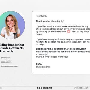 May include: A graphic design business card with a photo of a woman, the text "Building brands that captivates, connects, and converts" and the text "Looking for a custom branding service? Please visit my website for more info or simply drop me a message! I would love to hear from you!"