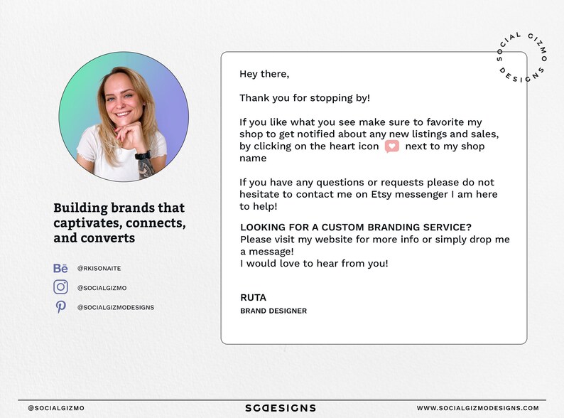 May include: A graphic design business card with a photo of a woman, the text "Building brands that captivates, connects, and converts" and the text "Looking for a custom branding service? Please visit my website for more info or simply drop me a message! I would love to hear from you!"