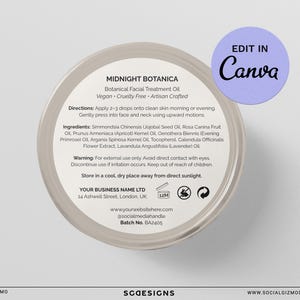 May include: A round, light-colored jar labeled "MIDNIGHT BOTANICA" with text detailing a botanical facial treatment oil. The label includes ingredients, directions, and warnings. A purple circle with "EDIT IN Canva" is in the upper right.