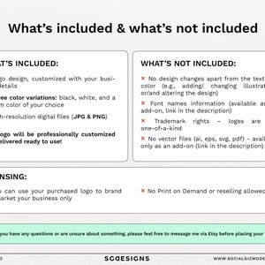 May include: A graphic with a white background and black text outlining what is included and not included in a logo design package. The text says "Logo design, customized with your business details", "Three color variations: black, white, and a custom color of your choice", "High-resolution digital files (JPG & PNG)", "Your logo will be professionally customized and delivered ready to use!" and "You can use your purchased logo to brand and market your business only". The text also says "No design changes apart from the text and color (e.g., adding/ changing illustrations or/and altering the design)", "Font names information (available as an add-on, link in the description)", "Trademark rights - logos are not one-of-a-kind", "No vector files (ai, eps, svg, pdf) - available only as an add-on (link in the description)", and "No Print on Demand or reselling allowed".