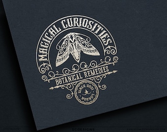 Vintage Moth Logo Design, Apothecary Witchcraft Branding, Elegant Ornate Logo for Herbalist & Artisan Businesses