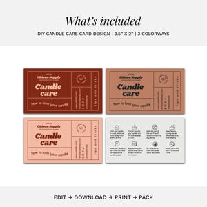 Overview image showing four editable retro candle care card template variations included in the Canva template bundle for handmade candle brands.