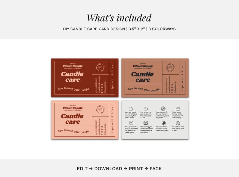 Overview image showing four editable retro candle care card template variations included in the Canva template bundle for handmade candle brands.
