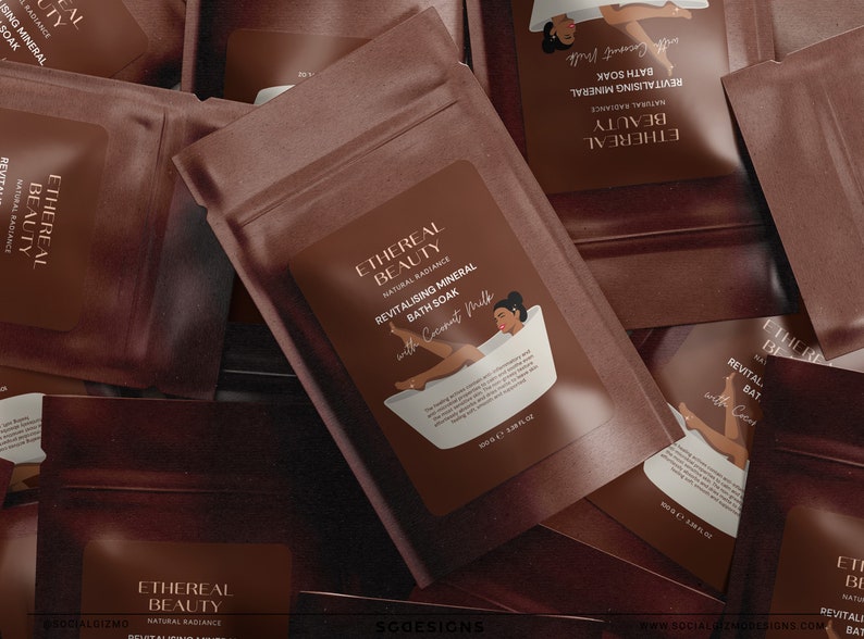 Illustrated bath salts pouch label template shown on brown stand up pouches, featuring feminine skincare packaging design with soft earthy tones, designed for Canva editing and self care product branding.
