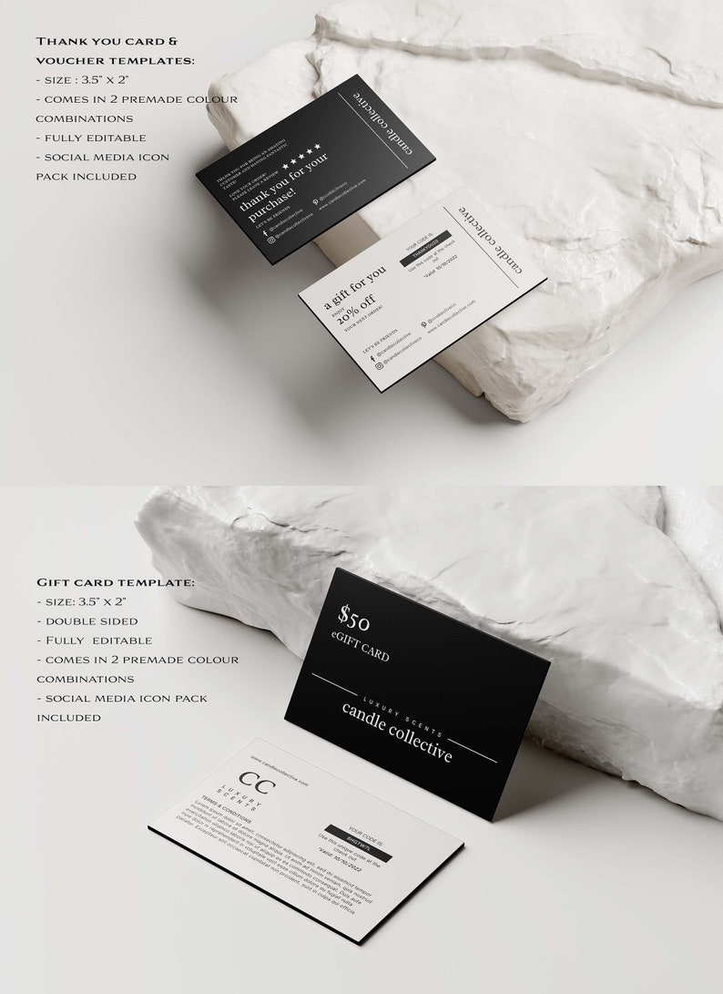 May include: Two black and white gift card templates for a candle company called "candle collective". The gift cards are 3.5 inches by 2 inches and come in two premade colour combinations. The gift cards are fully editable and include social media icons.