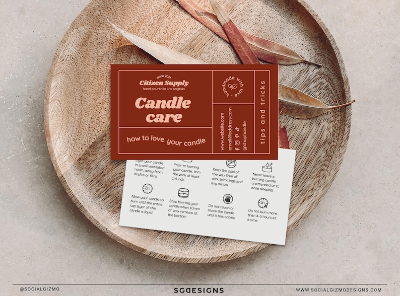 Mockup of retro candle care card templates in warm brown and blush tones displayed on a neutral textured tray, showing editable Canva candle care inserts for small candle businesses.
