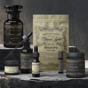 May include: A set of bath and body products with a black and gold label featuring the text "Eternal Light" and a decorative floral design. The products include bath salts, face serum drops, a roll-on essential oil, and a cream jar. The products are packaged in glass bottles and jars with black lids.