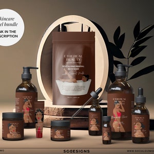 May include: A set of brown glass bottles and jars with labels featuring a woman in a red swimsuit. The labels say "Ethereal Beauty" and "Revitalising Mineral Bath Soak with Coconut Milk".