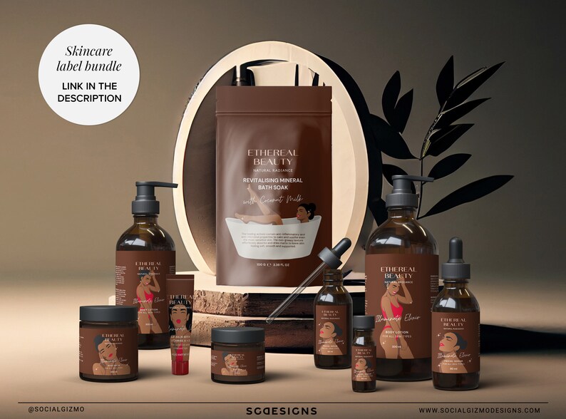 May include: A set of brown glass bottles and jars with labels featuring a woman in a red swimsuit. The labels say "Ethereal Beauty" and "Revitalising Mineral Bath Soak with Coconut Milk".