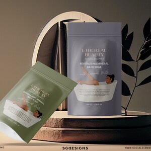 Skincare pouch mockup with bath salts label template in warm brown and neutral tones, featuring an illustrated woman design, suitable for self care and cosmetic packaging.