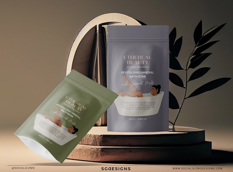Skincare pouch mockup with bath salts label template in warm brown and neutral tones, featuring an illustrated woman design, suitable for self care and cosmetic packaging.