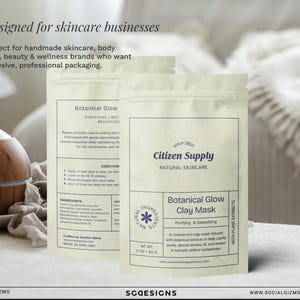Skincare pouch label template with botanical clay mask packaging, modern retro cosmetic label design, cohesive packaging for beauty and wellness brands