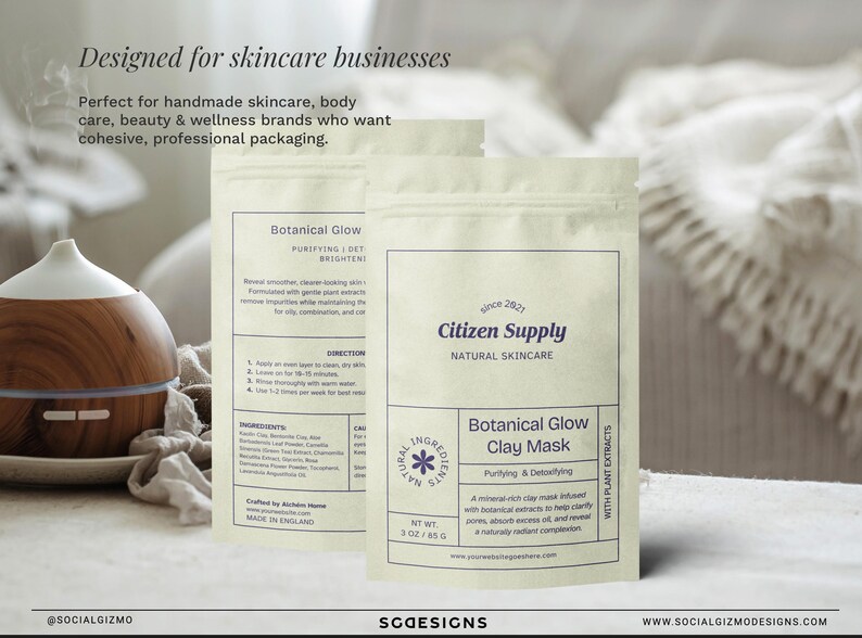 Skincare pouch label template with botanical clay mask packaging, modern retro cosmetic label design, cohesive packaging for beauty and wellness brands