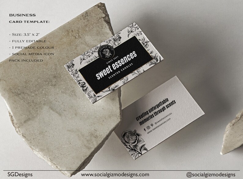 May include: Two business cards with a black and white floral design. The top card says "sweet essences scented candles" and the bottom card says "creating unforgettable memories through scents".