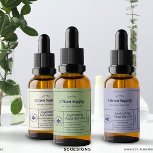 Dropper bottle skincare labels styled with natural elements, modern retro cosmetic packaging for serum and oil products