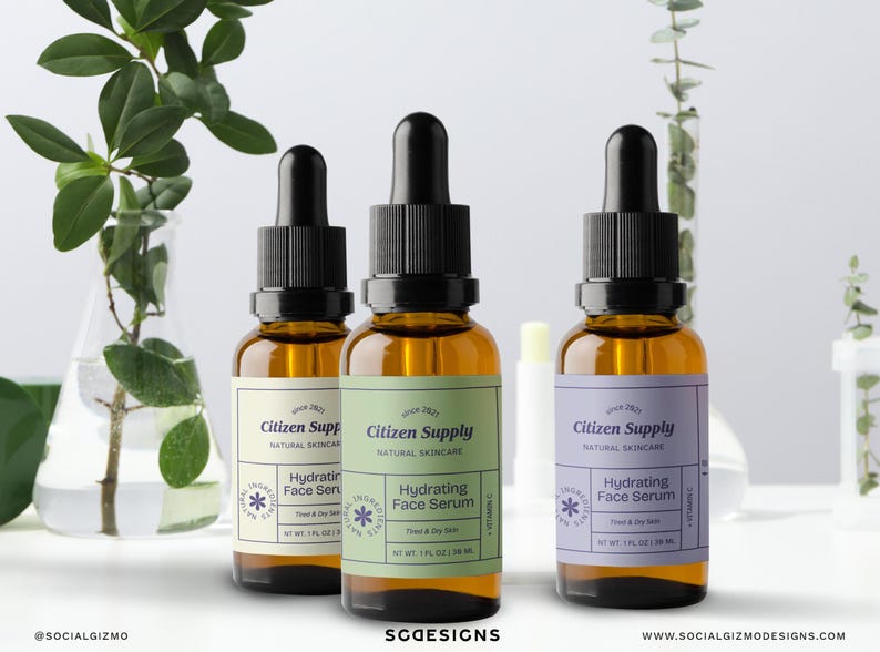 Dropper bottle skincare labels styled with natural elements, modern retro cosmetic packaging for serum and oil products