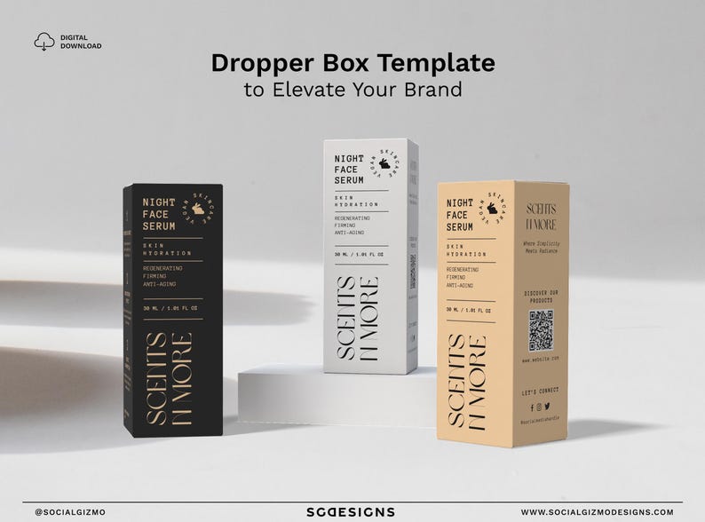 Three 30ml dropper boxes in black, cream, and tan displayed on a stone pedestal, showing a modern minimalist luxury aesthetic.