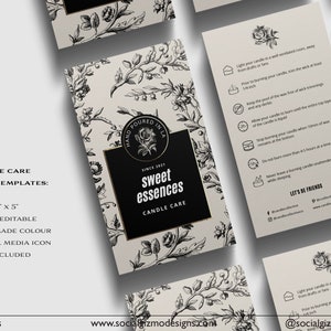 May include: Candle care card templates with a floral design. The card is 3 inches by 5 inches and includes a premade color and social media icon. The text on the card reads "Hand Poured in LA" and "Sweet Essences".