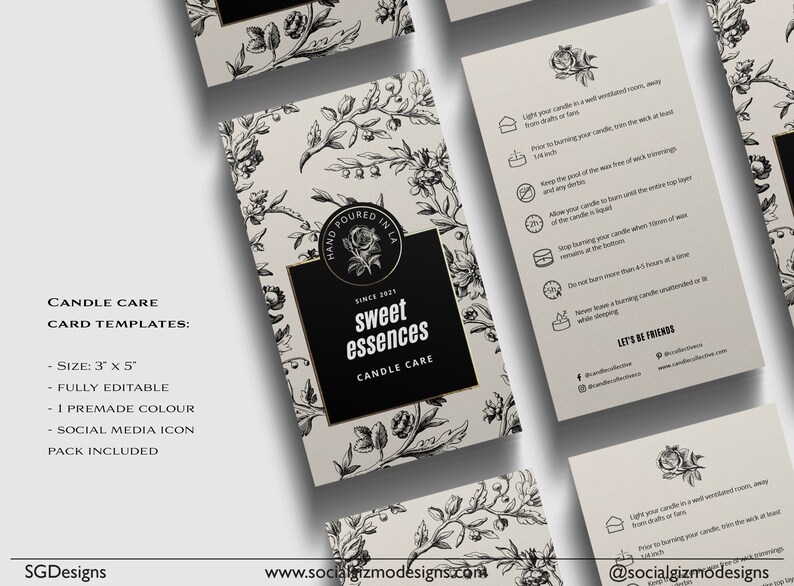 May include: Candle care card templates with a floral design. The card is 3 inches by 5 inches and includes a premade color and social media icon. The text on the card reads "Hand Poured in LA" and "Sweet Essences".