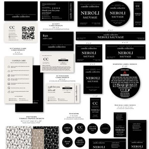 May include: Branding package for a candle company called "Candle Collective". The package includes a variety of items, such as business cards, thank you cards, gift cards, candle care cards, vouchers, tissue paper, stickers, labels, and box seal labels. The design features a black and white colour scheme with a floral pattern. The text "Candle Collective" and "Neroli Sauvage" is featured throughout the design.