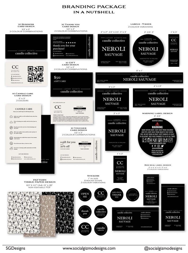 May include: Branding package for a candle company called "Candle Collective". The package includes a variety of items, such as business cards, thank you cards, gift cards, candle care cards, vouchers, tissue paper, stickers, labels, and box seal labels. The design features a black and white colour scheme with a floral pattern. The text "Candle Collective" and "Neroli Sauvage" is featured throughout the design.