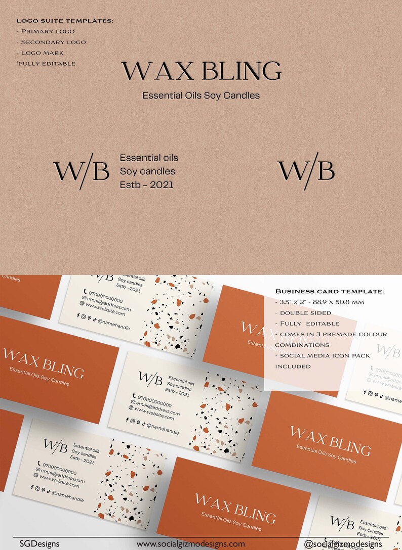 Branding kit layout showing logo variations, business card and brand elements in warm neutral and terrazzo design style