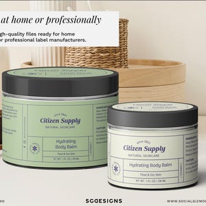 Cosmetic jar label template shown in realistic lifestyle setting, printable skincare packaging design suitable for home printing or professional manufacturers