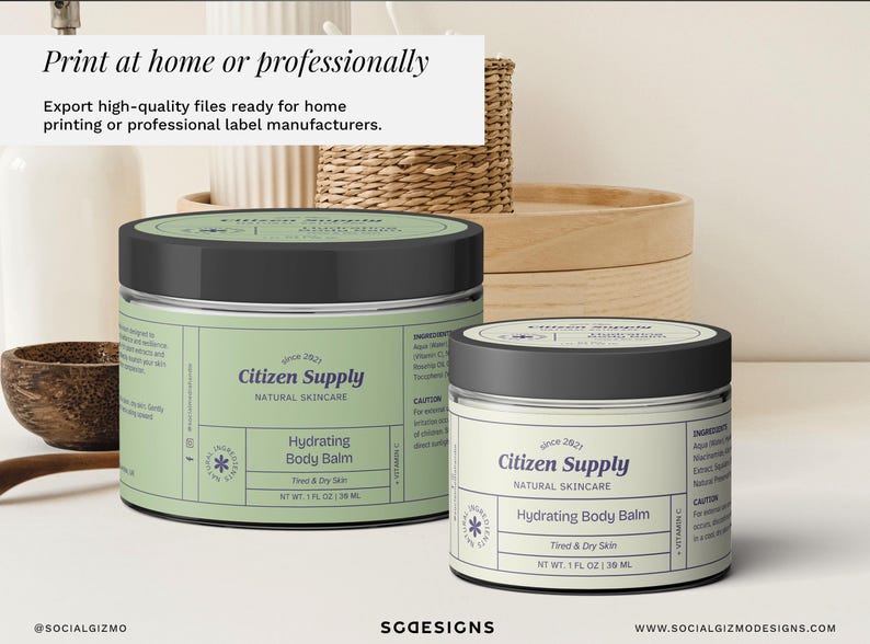 Cosmetic jar label template shown in realistic lifestyle setting, printable skincare packaging design suitable for home printing or professional manufacturers