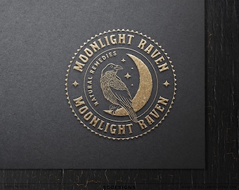 Diseño de logotipo personalizado de Witchy Raven, logotipo de marca Ocult Moon para negocios espirituales, logotipo de insignia estilo boticario vintage