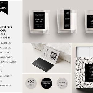 May include: A branding kit for a candle business, featuring black and white labels, cards, and packaging with the text "candle collective" and "Neroli Sauvage".