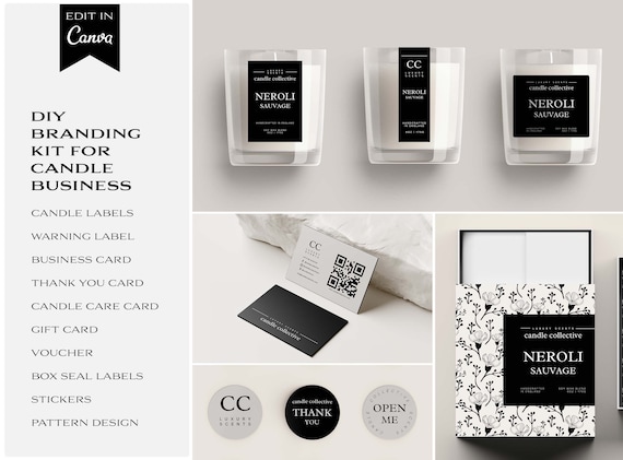 Black Luxury Candle Business Brand Kit: DIY Label Bundle, Stationery and Packaging Templates #020