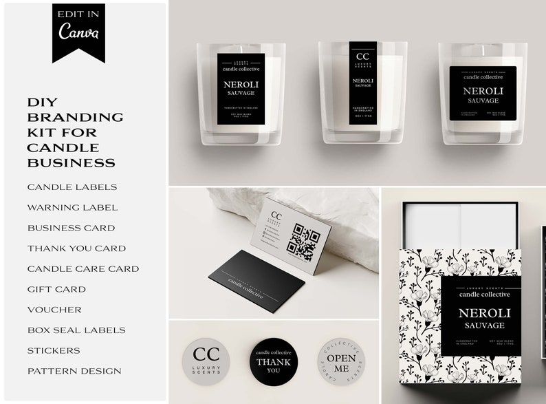 May include: A branding kit for a candle business, featuring black and white labels, cards, and packaging with the text "candle collective" and "Neroli Sauvage".