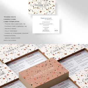 Candle packaging with thank you card and box design featuring terrazzo pattern and modern typography