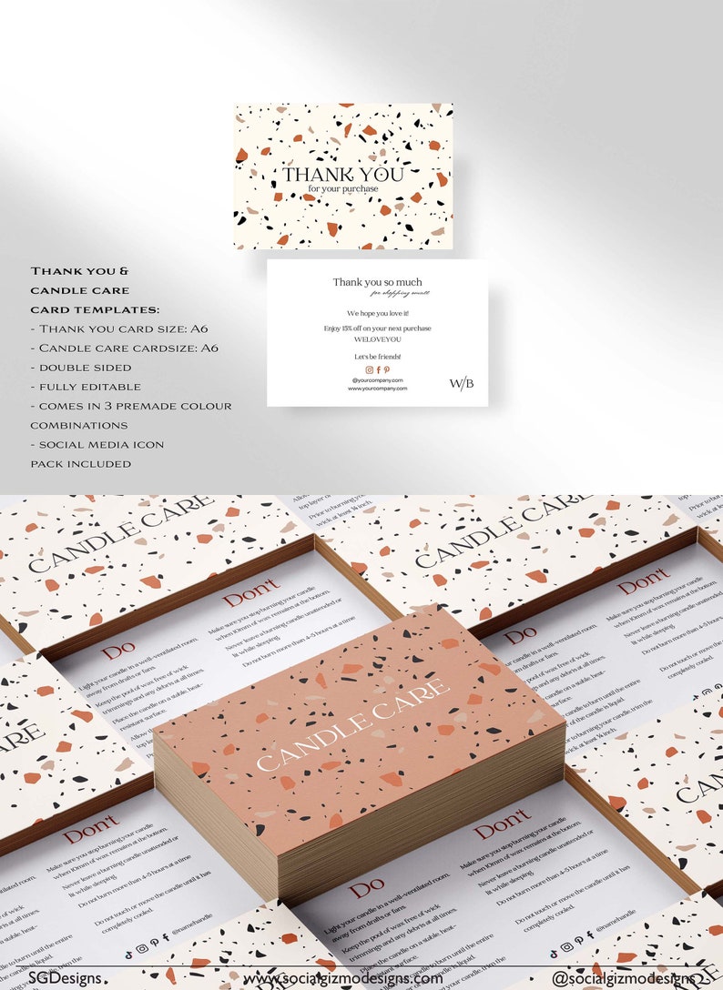 Candle packaging with thank you card and box design featuring terrazzo pattern and modern typography