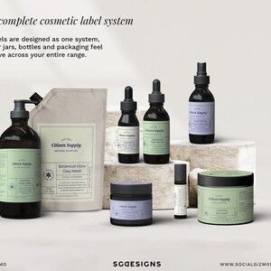 Cohesive skincare label system applied across multiple product types, modern retro cosmetic packaging for bottles, jars and pouches