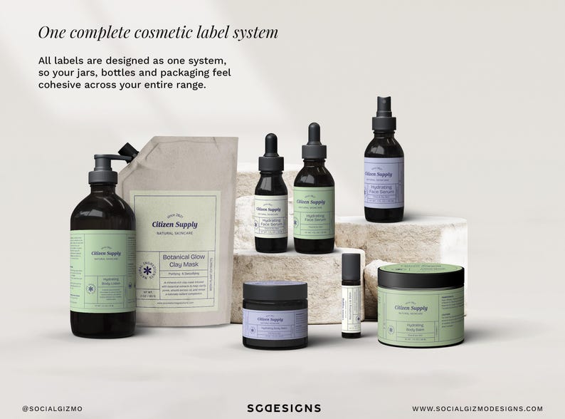 Cohesive skincare label system applied across multiple product types, modern retro cosmetic packaging for bottles, jars and pouches
