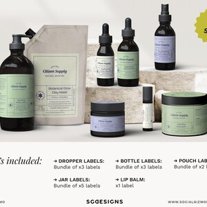 Full skincare packaging system with matching labels across bottles, jars and pouches, modern retro branding for beauty brands, 14 label variations included