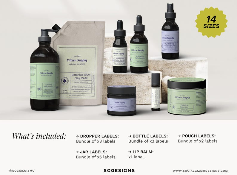 Full skincare packaging system with matching labels across bottles, jars and pouches, modern retro branding for beauty brands, 14 label variations included