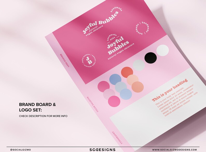 Brand board template showing logo usage, colour palette, and typography included in a retro skincare branding kit for small businesses, editable in Canva Pro