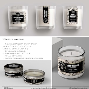 May include: Candle label mockup with seven different sizes, including a circle. The label features a black and white floral design with the text "Sweet Essences" and "Violet & Honey" in a black and white font. The label is fully editable and includes a social media icon pack.