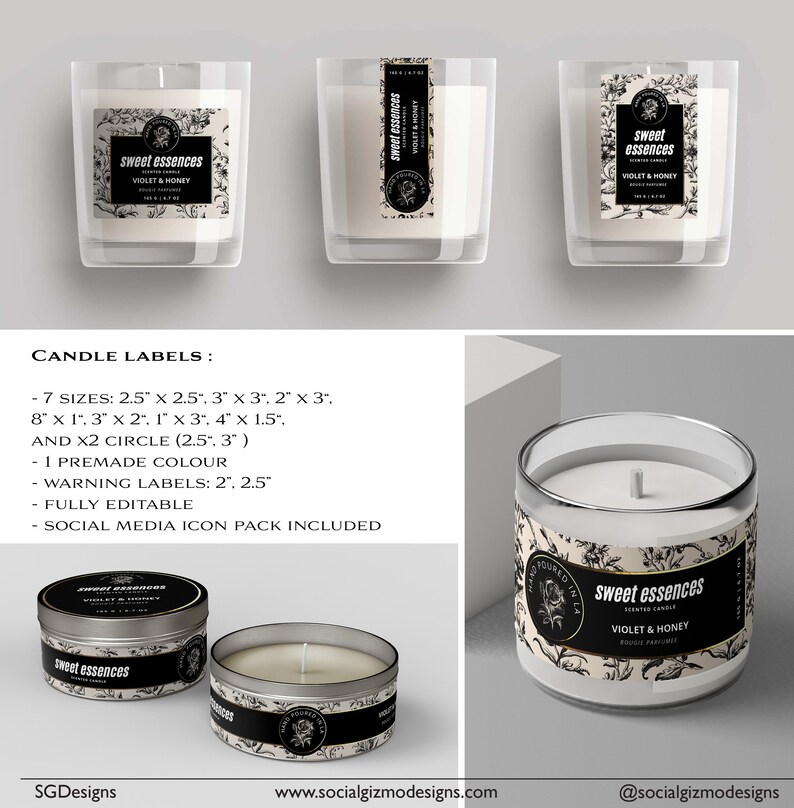 May include: Candle label mockup with seven different sizes, including a circle. The label features a black and white floral design with the text "Sweet Essences" and "Violet & Honey" in a black and white font. The label is fully editable and includes a social media icon pack.