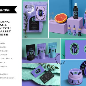Witchy Skincare Branding Kit, Editable Canva Brand Templates, DIY Purple and Black Branding for Mystic Skincare Business #032