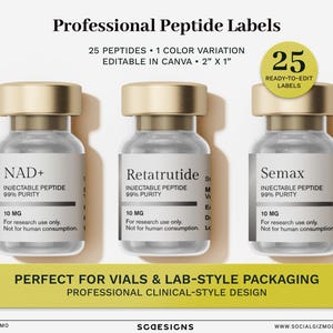 May include: Three clear glass vials with gold caps, each featuring a label with black text reading NAD+, Retatrutide, or Semax, plus the text Injectable Peptide 99% Purity, 10 MG, For research use only, Not for human consumption, and 25 Ready-to-edit labels.
