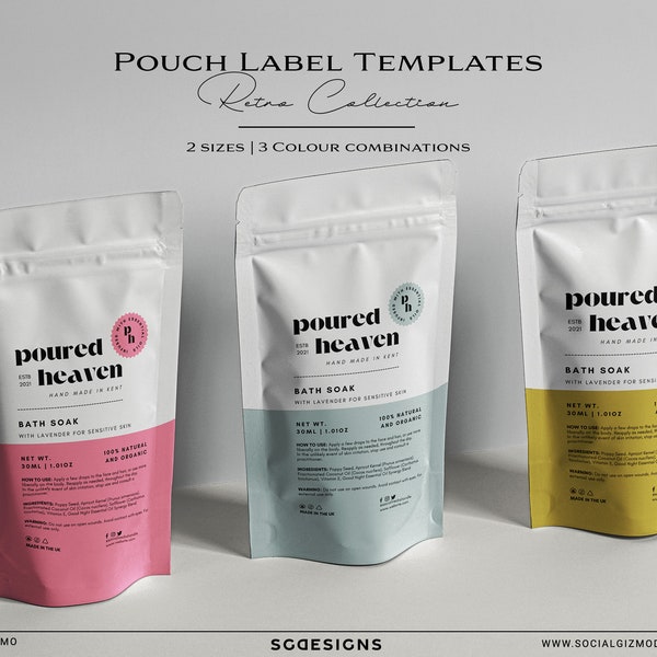 Retro Pouch Label Templates, Editable Pouch Label Template, DIY Retro Pouch Labels, Pouch Packaging Design, Bath Soak Pouch Label #015